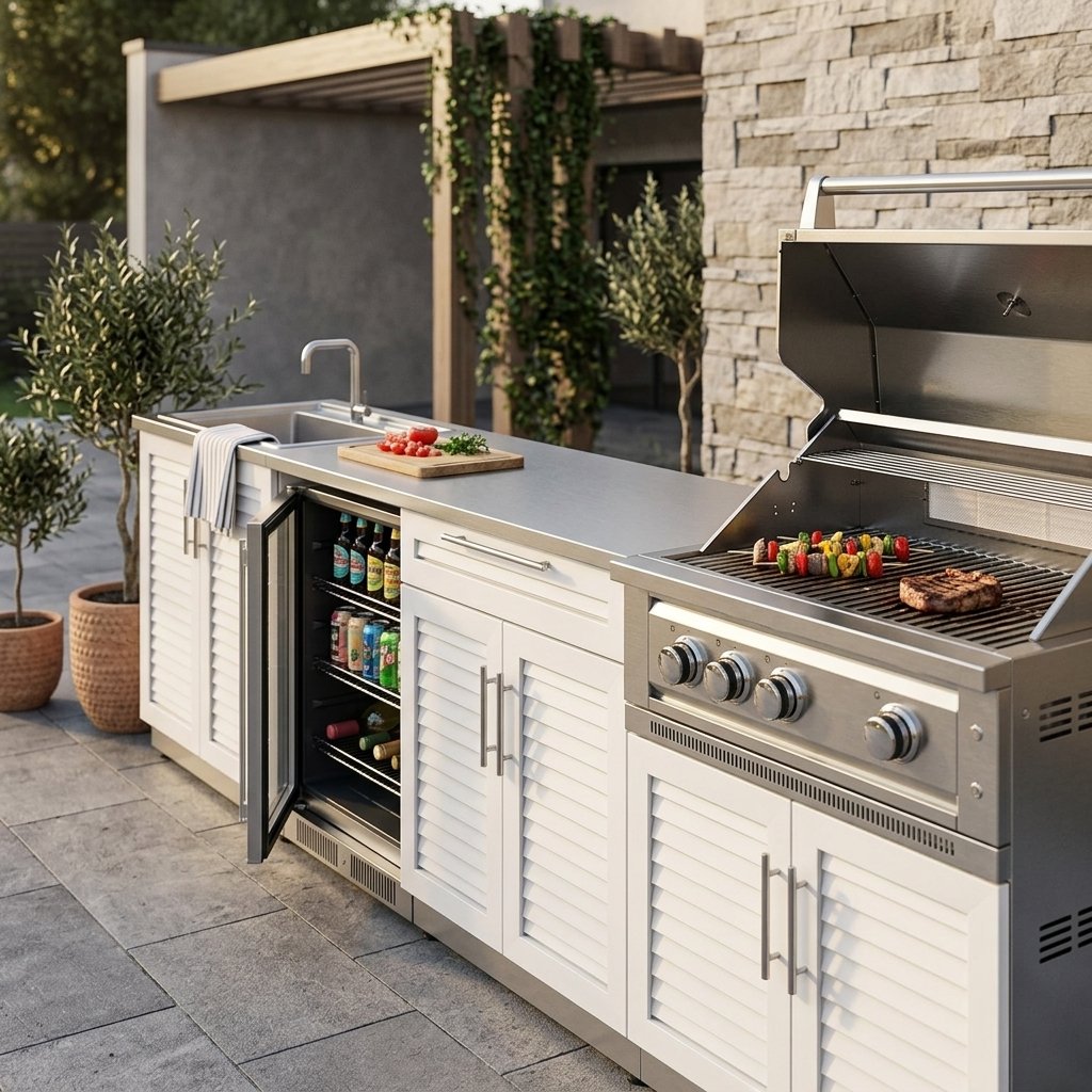NewAge Products Classic Series 10 Ft Outdoor Kitchen Island w/ 33-in Propane Grill, Sink, Glass Door Refrigerator, Trash Bin, Door & Drawer in White/Stainless Steel - Image 3