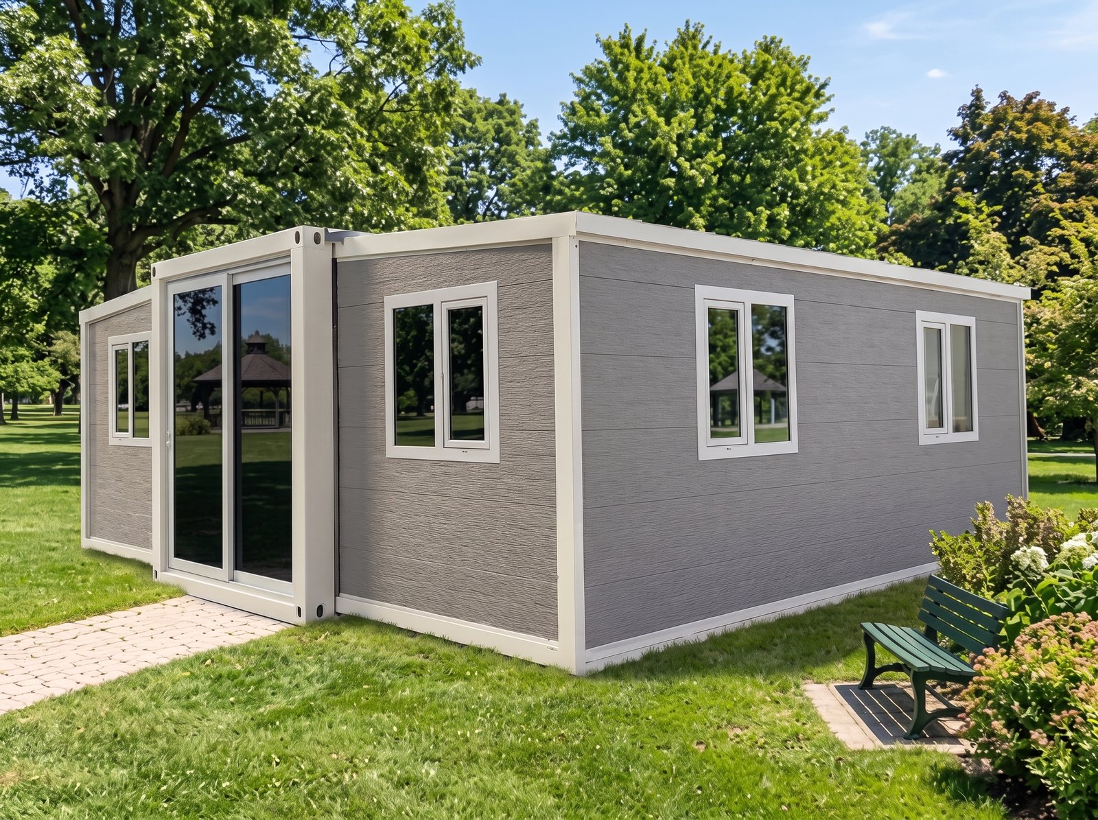 Tiny_house_expandable_metal_shed_202607071703 20x20 Ft Tiny house Expandable Metal Storage Shed with Glass French Door and Floor and Lockable Door and Windows Mobile house - Image 1
