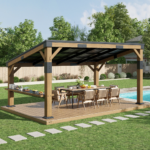Classic 10FT x 14FT Solid Wood Gazebo With Sloped Roof & Built-in Bar Shelf for BBQ AMERLIFE